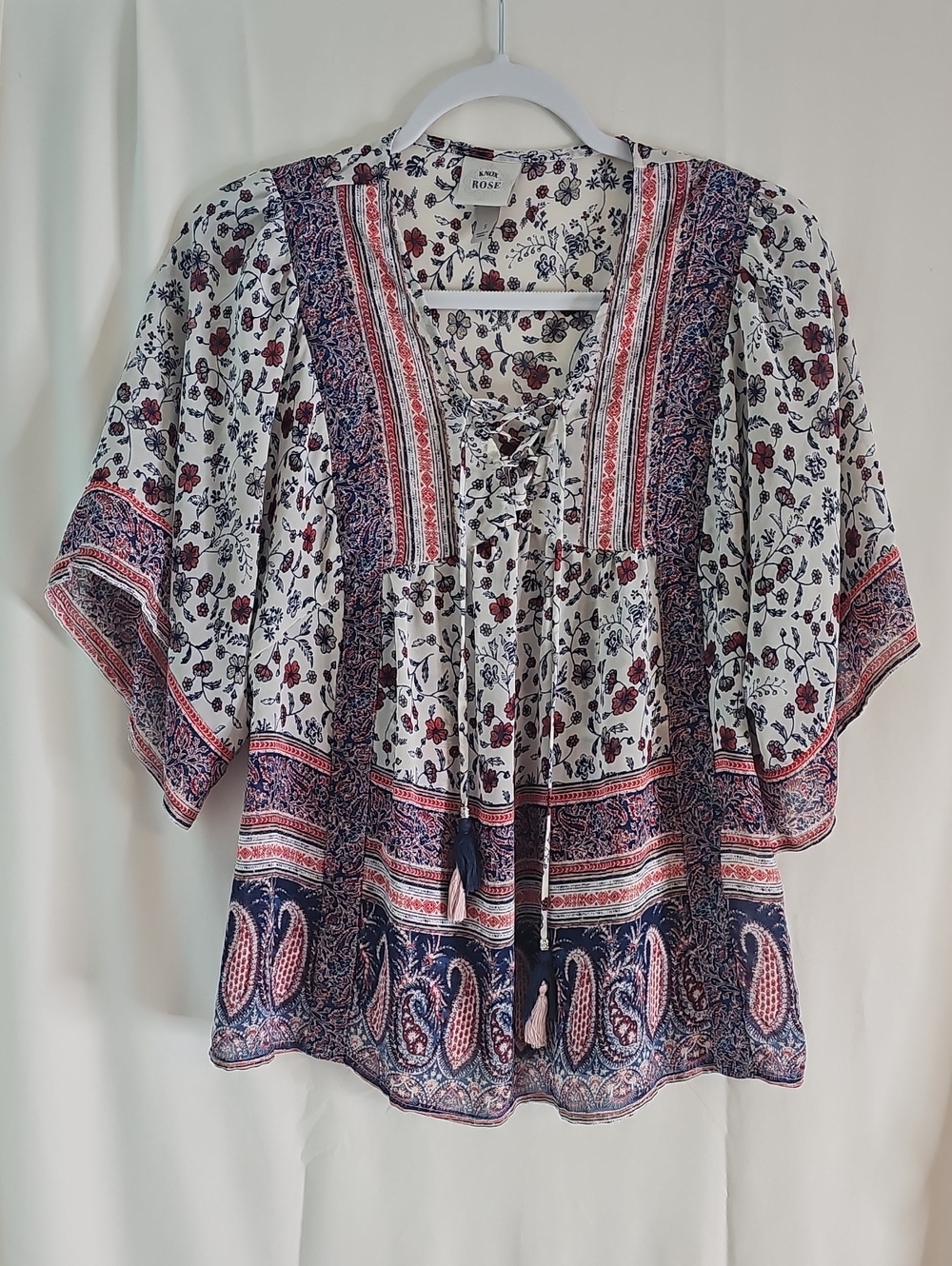 Knox Rose Floral Peasant Blouse in White with Navy & Red